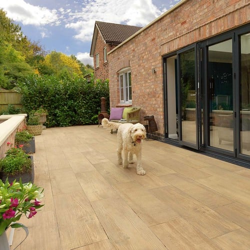 Wood-effect patio paving