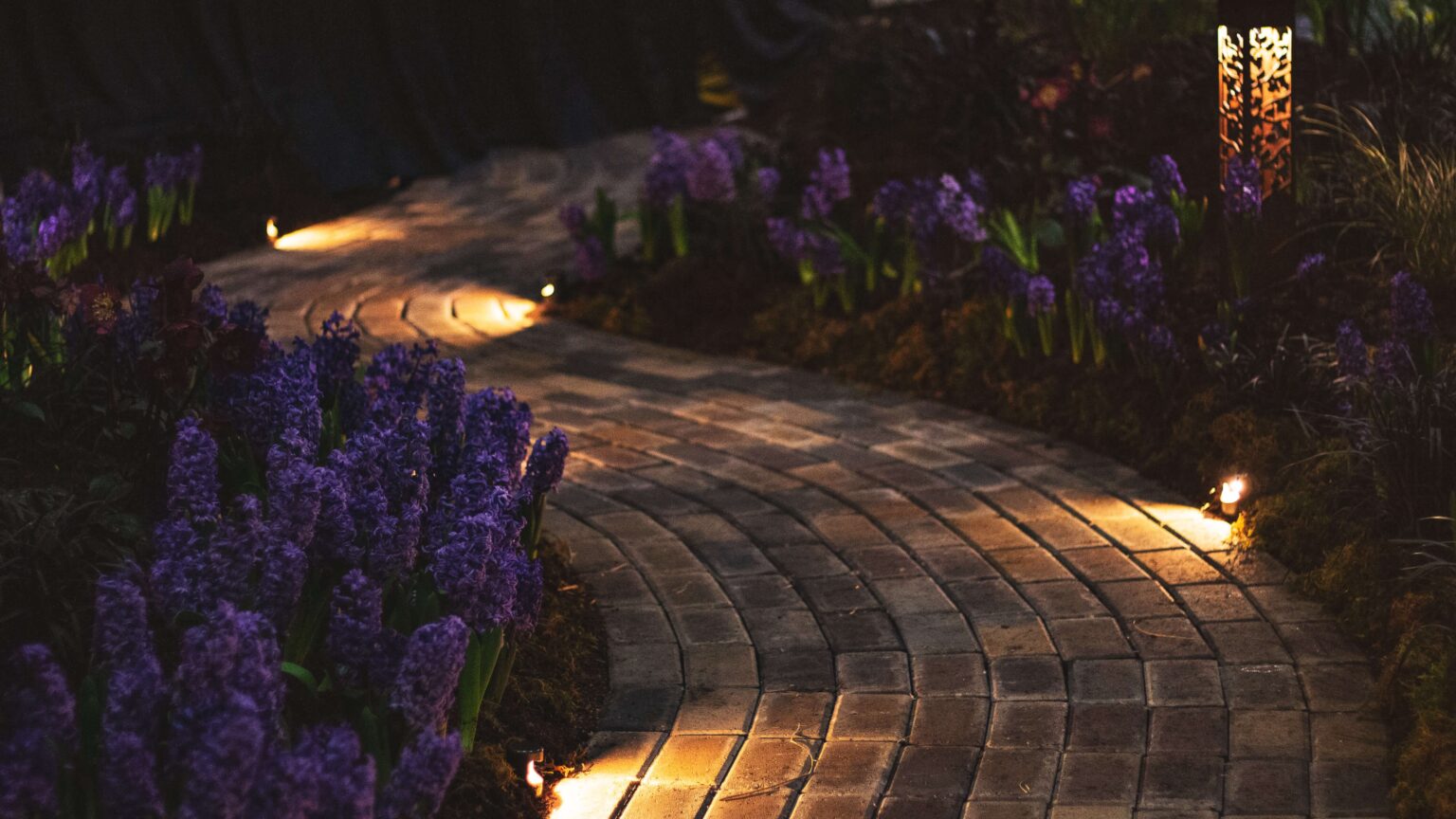 Curved garden path illuminated with path lights