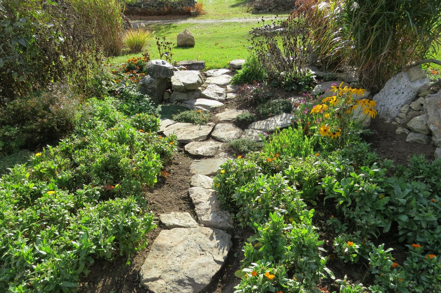 Natural garden path using fieldstone