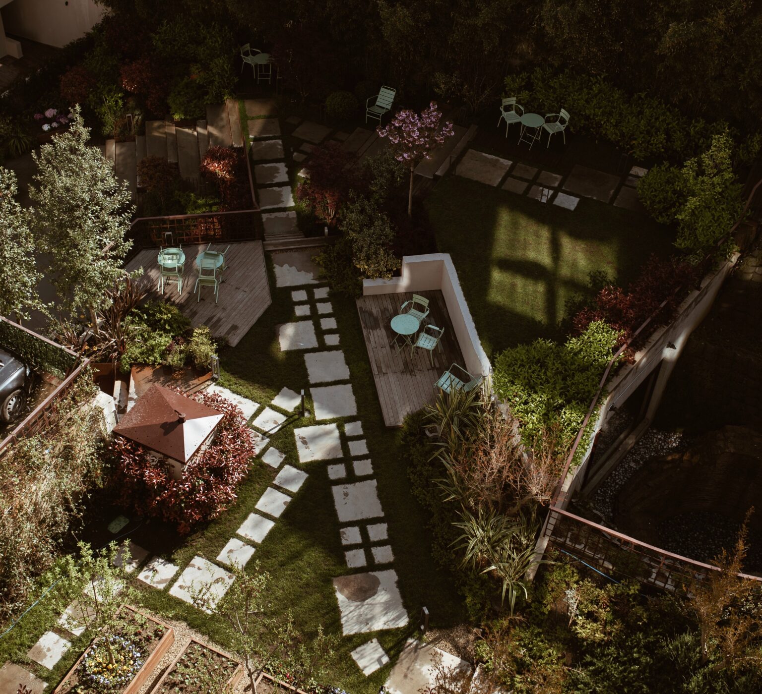 Modern garden path with geometric square paving