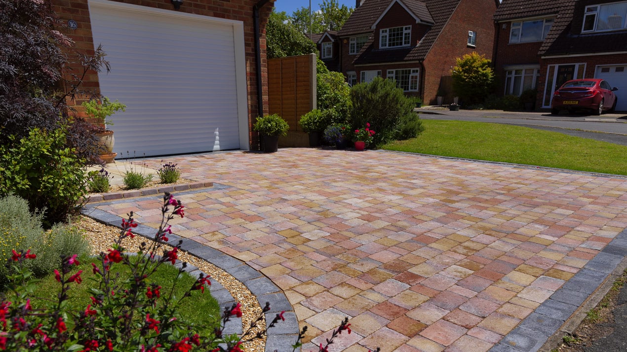 Pavesett Autumn Brown Driveway Tumbled Block Paving Laid in Stretcher Bond