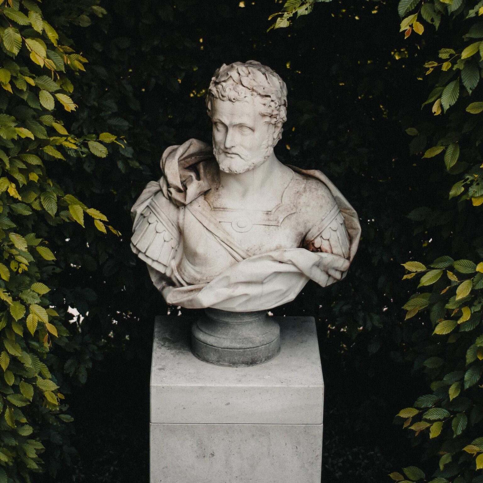 Marbel statue and plinth in hedge nook